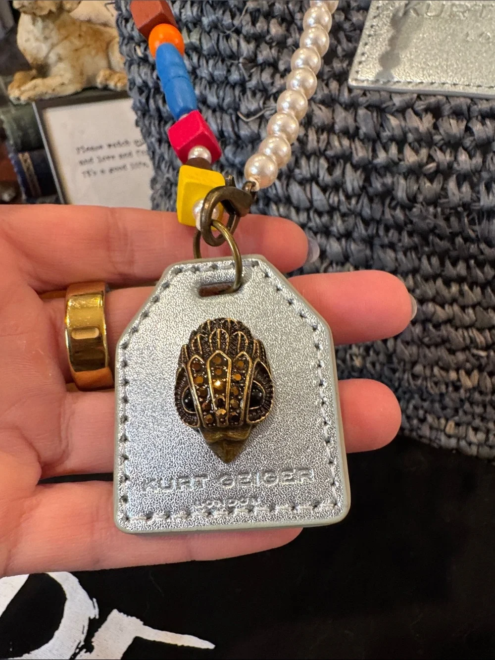 Kurt Geiger Gray Crocheted Raffia Hobo Bag with Beaded Charm